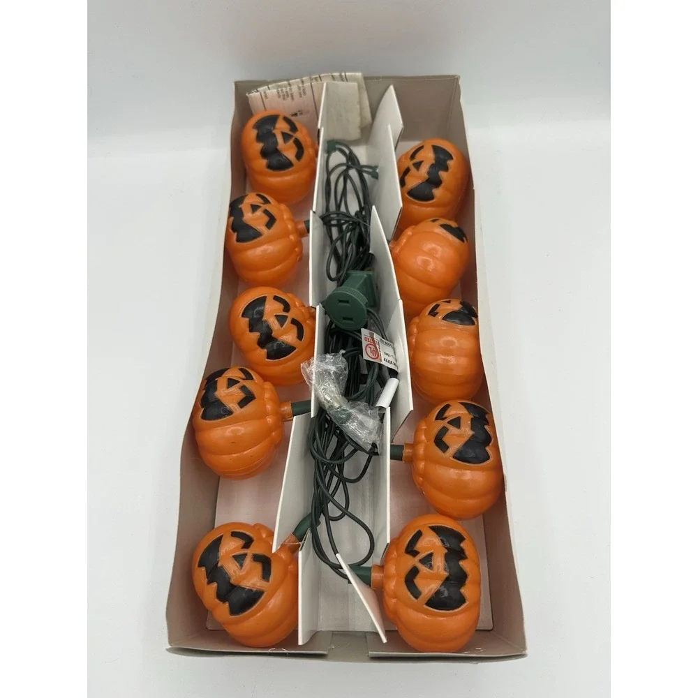 Vtg Halloween String Lights Set of 10 Jack O‎ Lantern Pumpkin Blow Mold WORKING